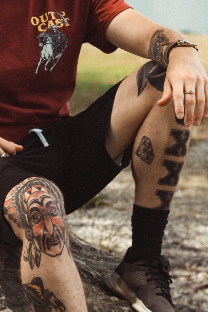Leg placement tattoo for men