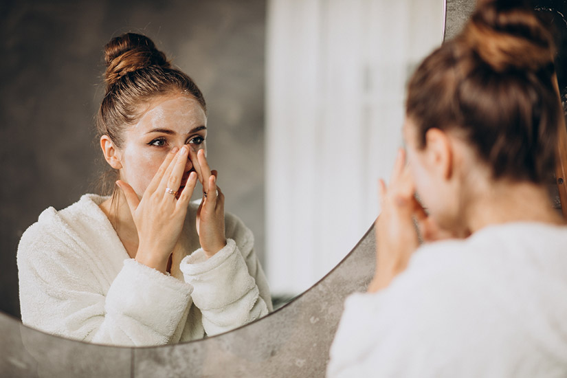 Widok kobiety w lustrze robiącej sobie peeling enzymatyczny